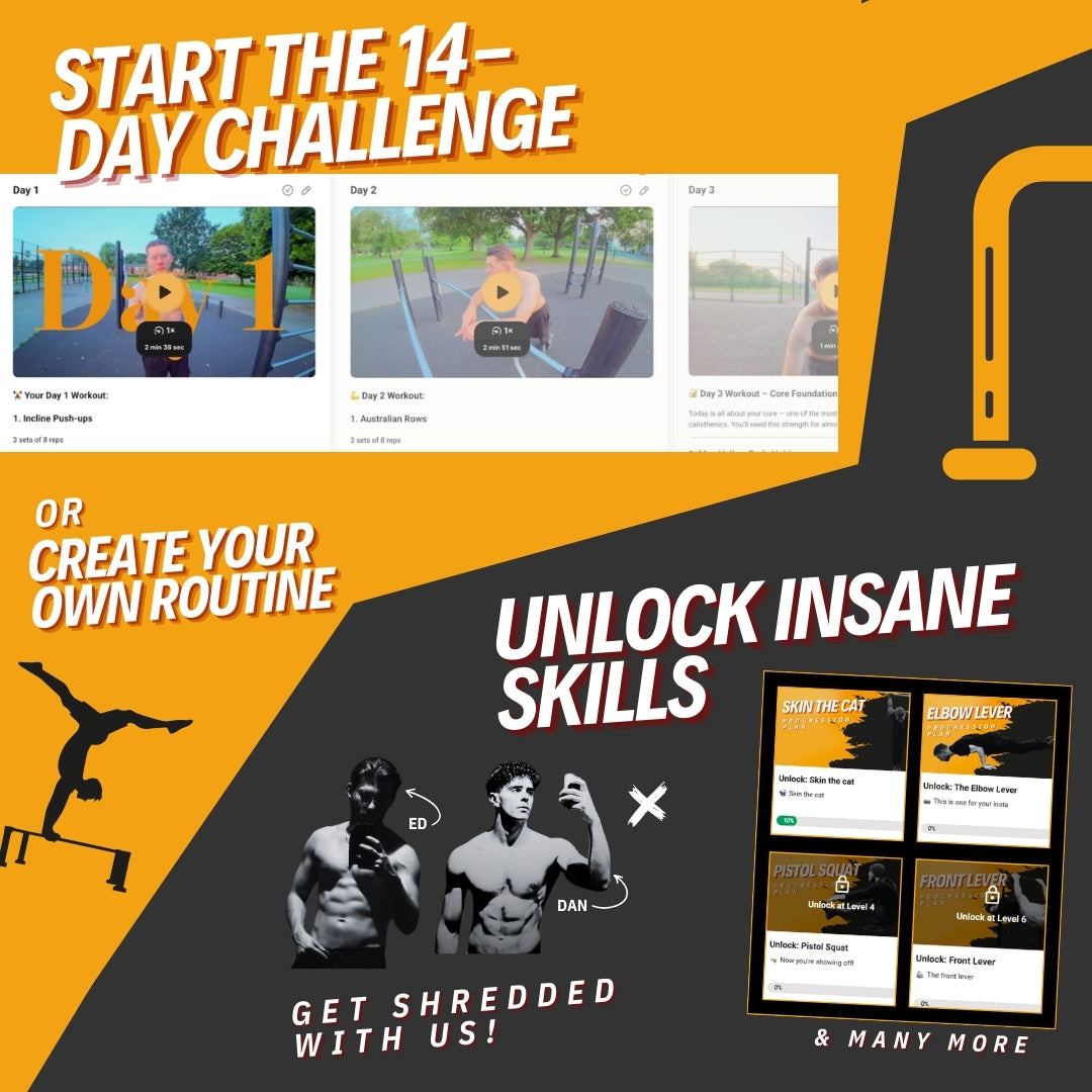 Calisthenics courses from beginner to advanced — pull-ups, push-ups, handstands, L-sit.