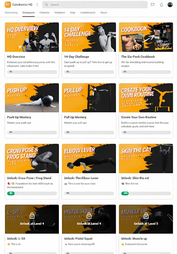 Skool Calisthenics HQ classroom showing online calisthenics courses and programmes.