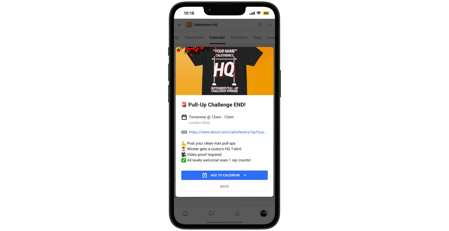 Calisthenics HQ mobile calendar with training schedule, events, prizes and session reminders.