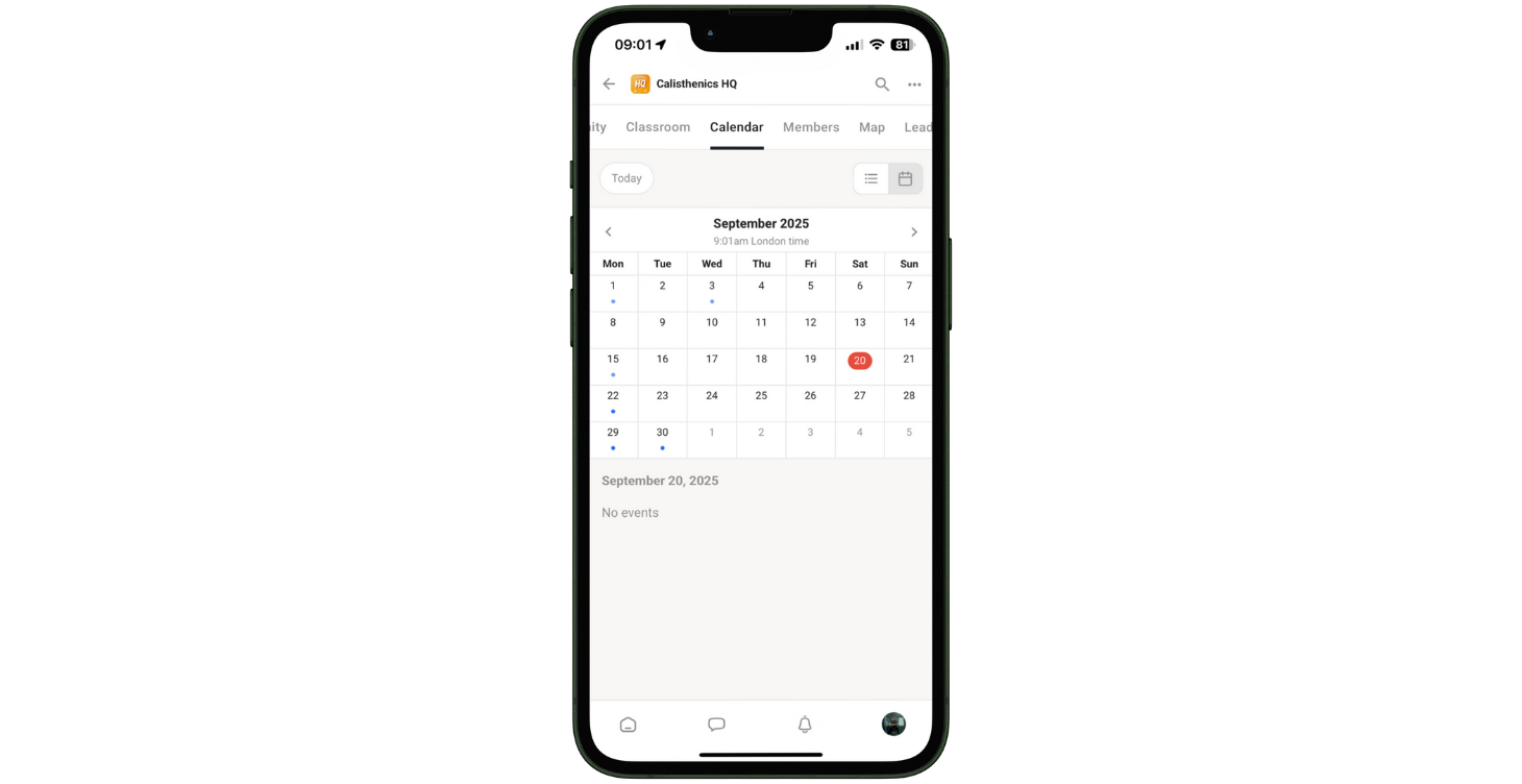 Calisthenics HQ mobile calendar with training schedule and session reminders.
