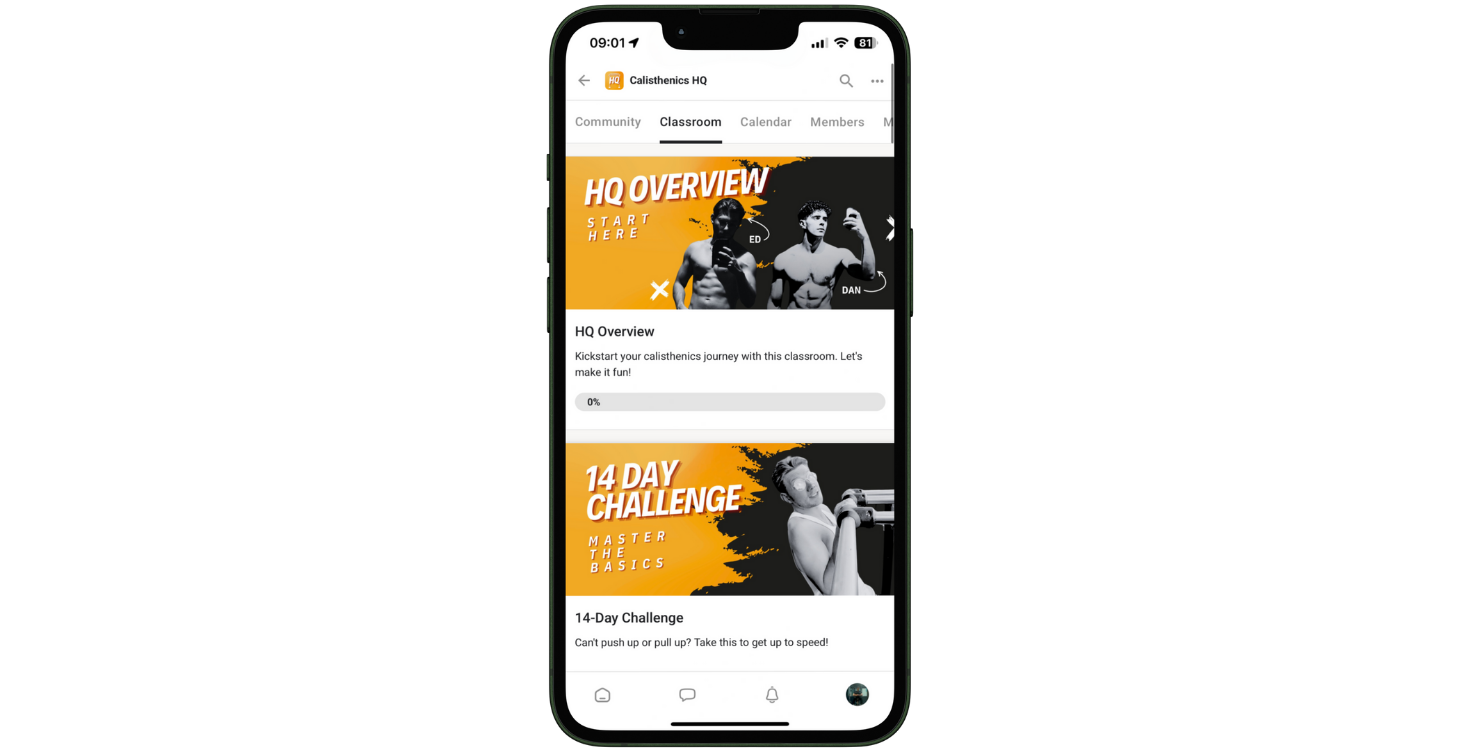 Calisthenics HQ mobile classroom listing step-by-step calisthenics courses.