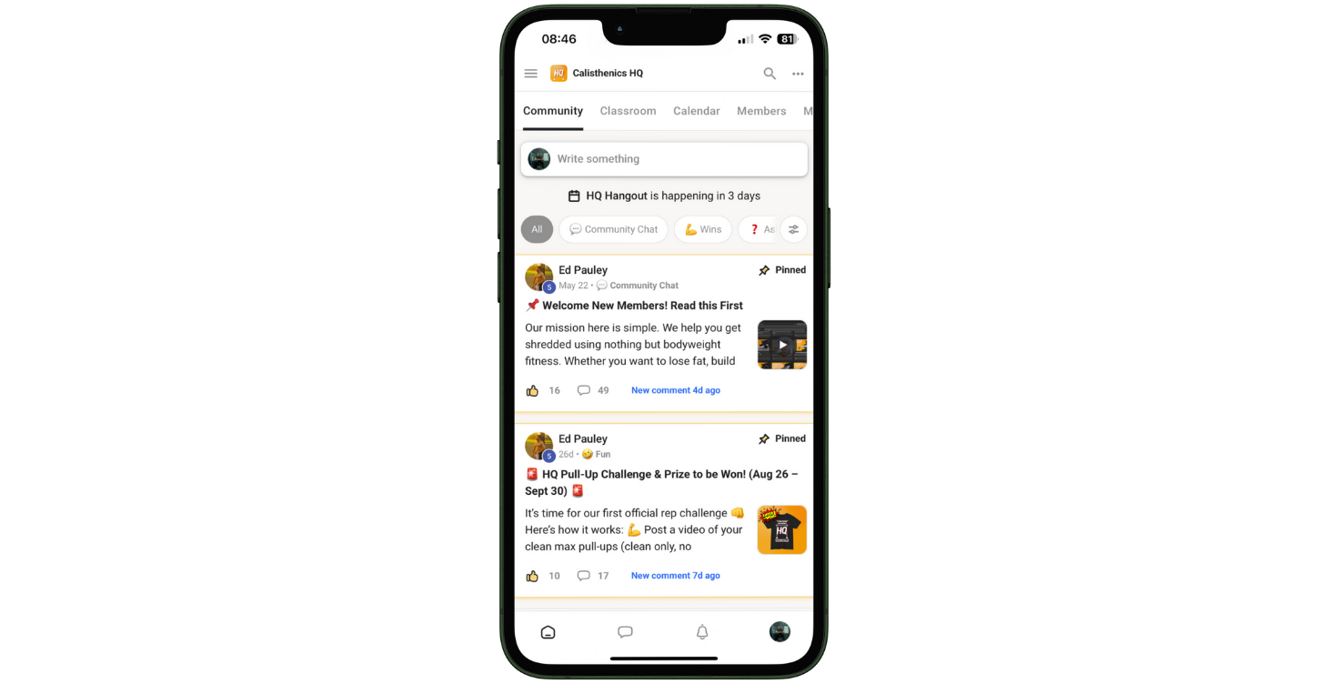 Calisthenics HQ mobile community with member posts and coach feedback.