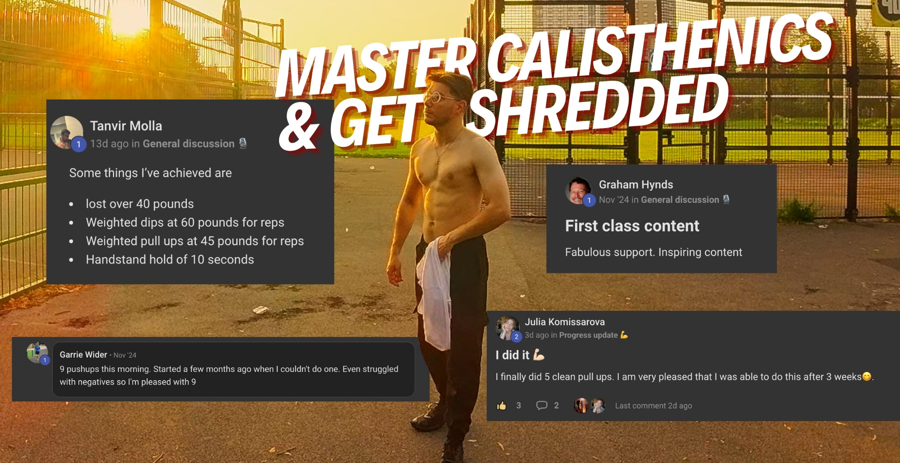 Calisthenics HQ coach performing bodyweight training behind member testimonials.