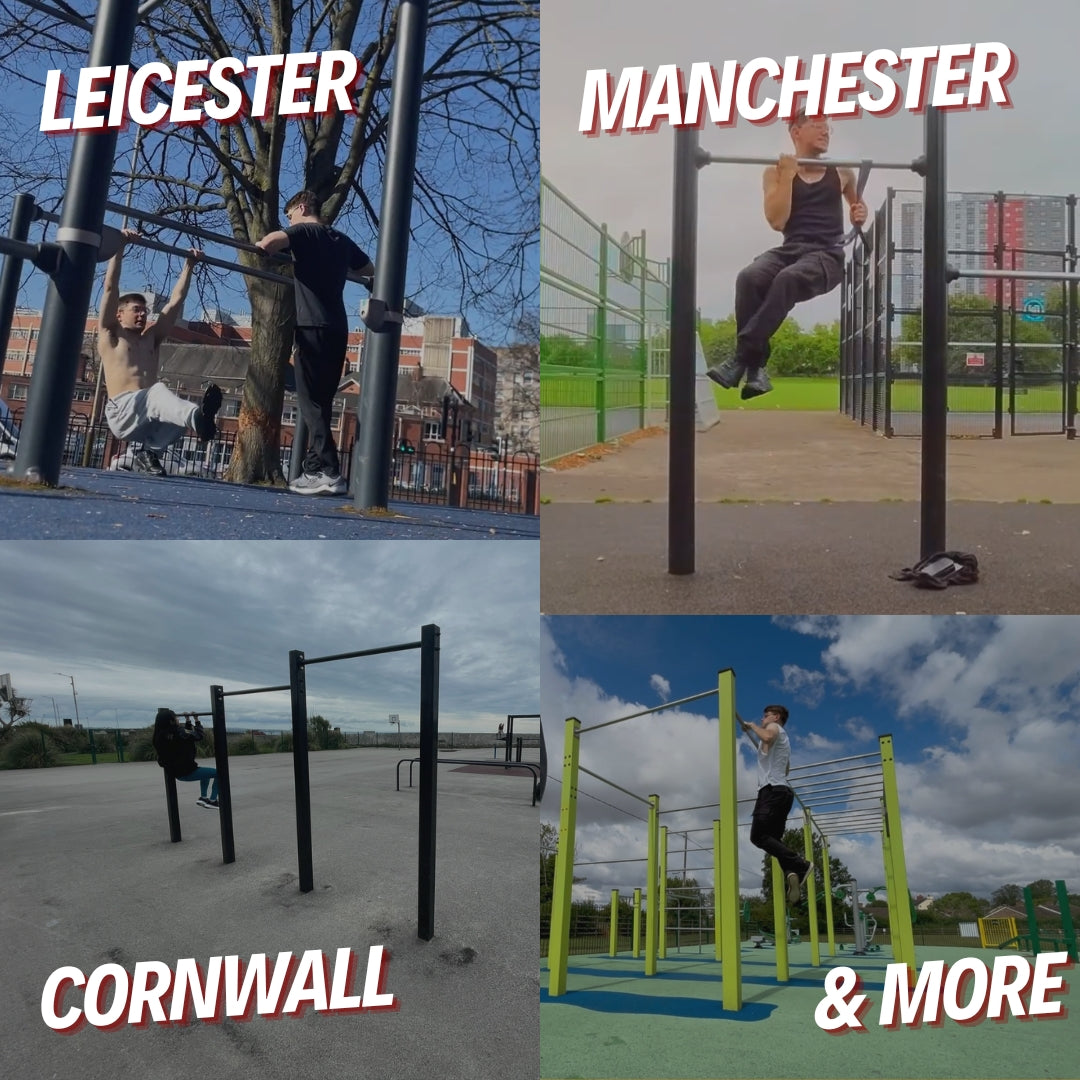 Outdoor calisthenics parks in London, Manchester and Birmingham with pull-up frames and dip bars.