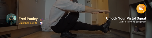 Blog thumbnail for "How to Get a Pistol Squat Fast (At Home – No Equipment)" by Calisthenics HQ, featuring workout title, author, and calisthenics background.